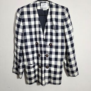 Jacqueline Ferrar Collarless Navy and White Plaid Blazer